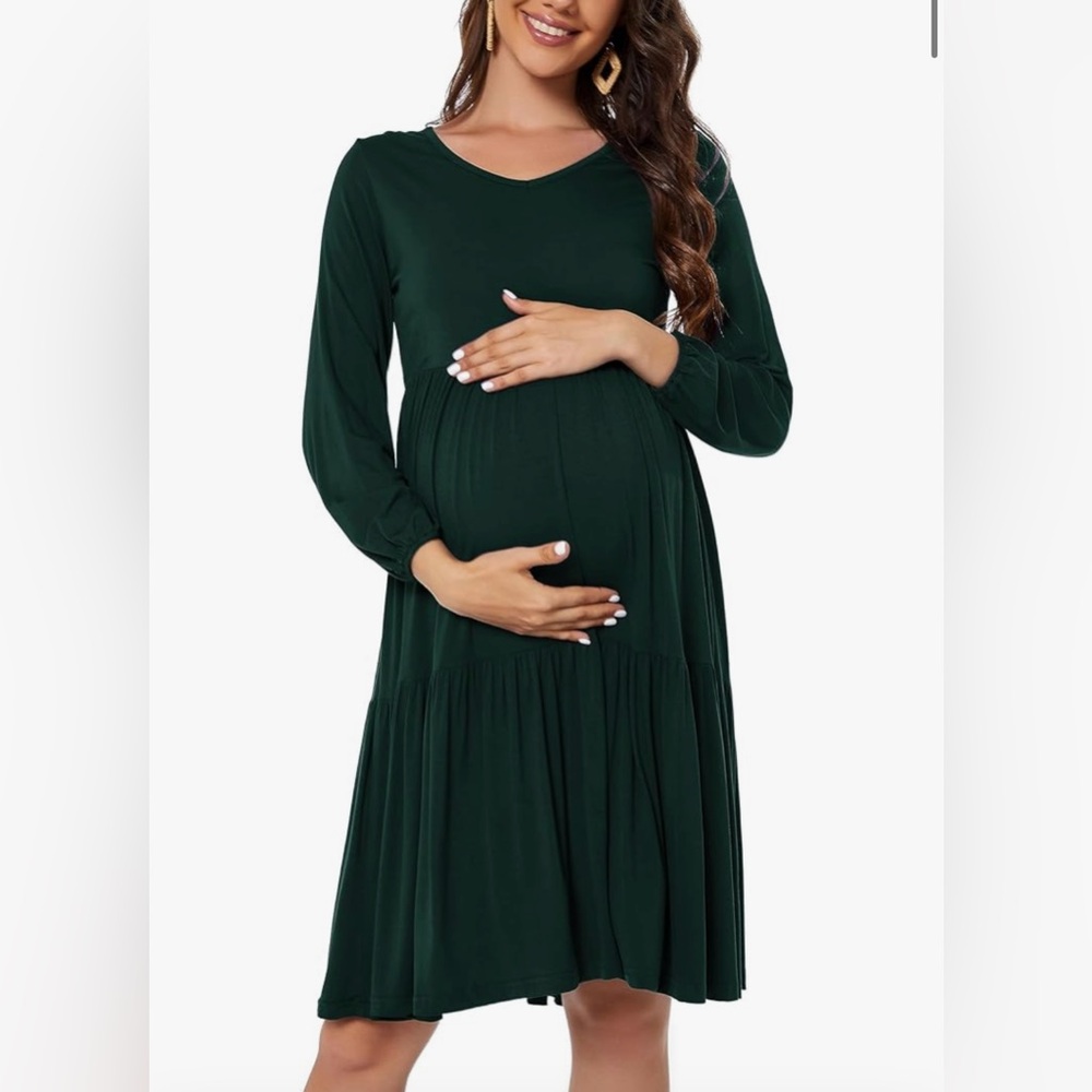 Maternity V-Neck Midi Dress in Dark Green